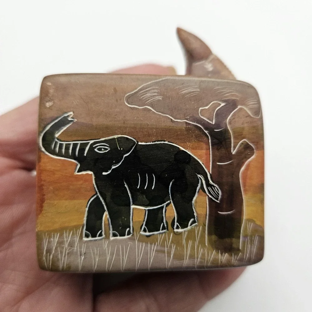 Hand Carved Soapstone Sliding Lid Elephant & Acacia Tree African Folk Art